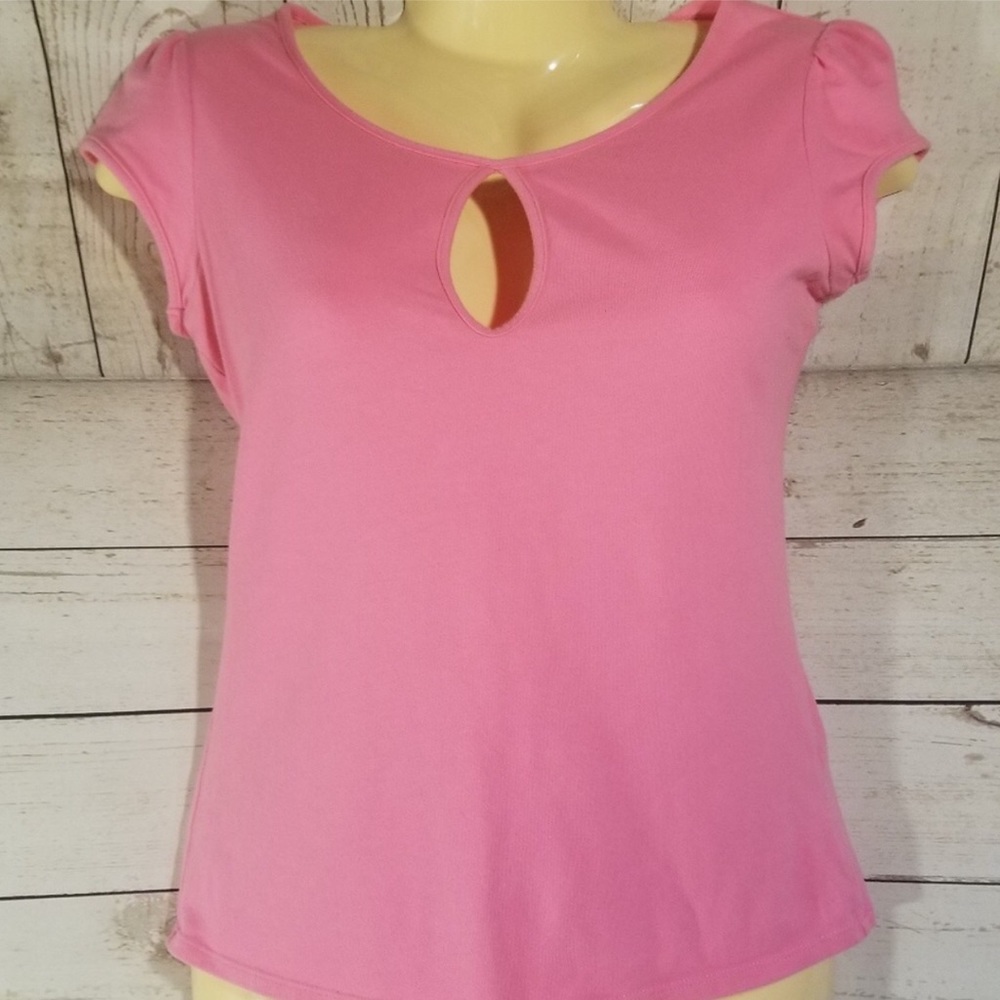 New York & Company Pink Keyhole Cotton Cap sleeve Tshirt Top Medium